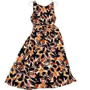 Lush Floral Maxi Dress Medium Sleeveless Open Tie Back Tropical Mustard Pink 579